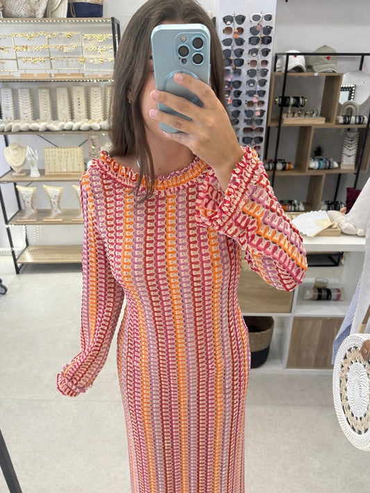 Robe crochet rose longue