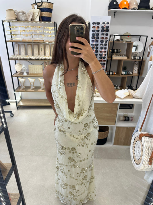Robe longue blanche à sequins