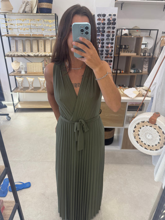Robe longue kaki plissée