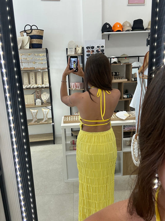 Robe longue jaune dos nu