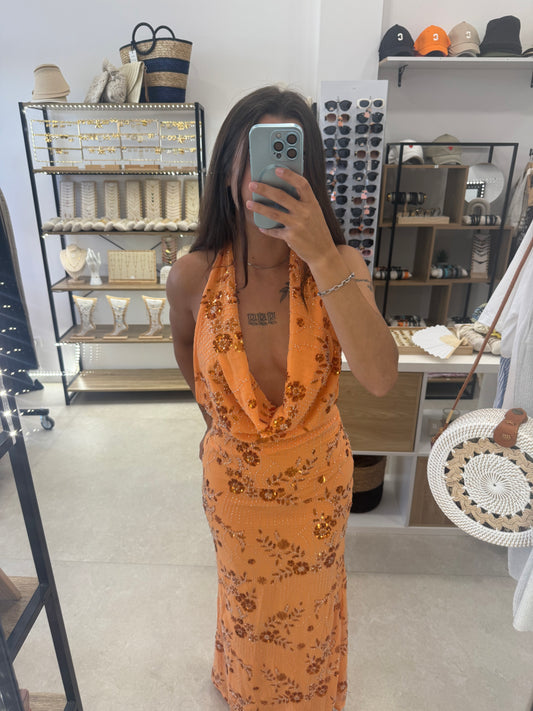 Robe longue orange à sequins