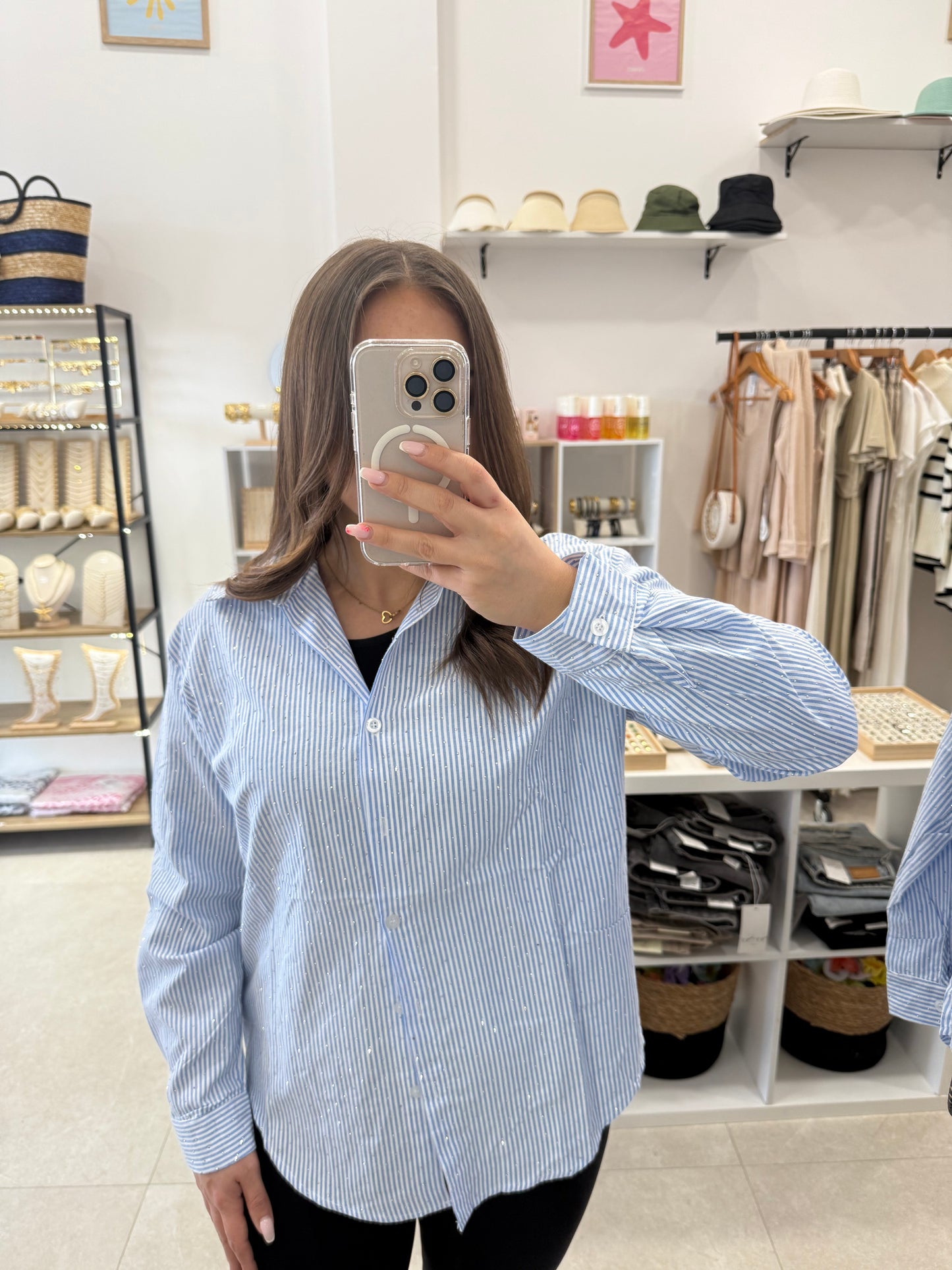 Chemise bleu à rayures et paillettes