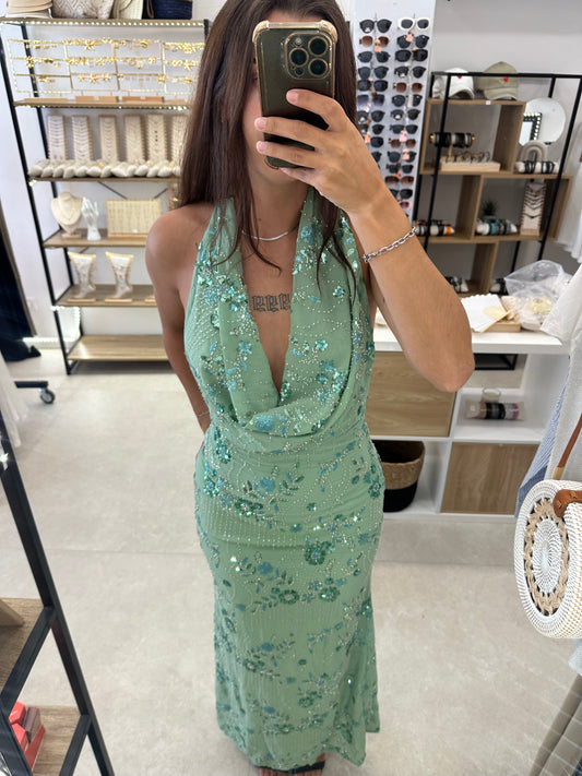 Robe longue turquoise à sequins