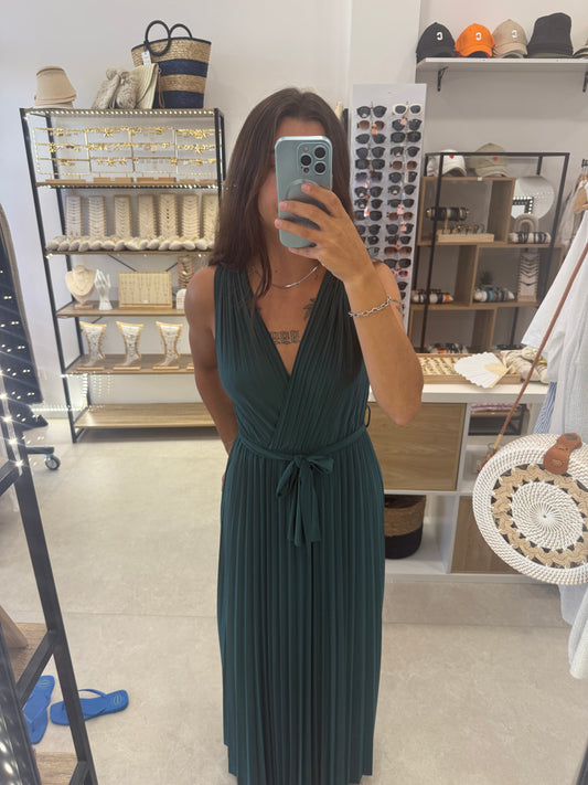 Robe longue bleu canard plissée