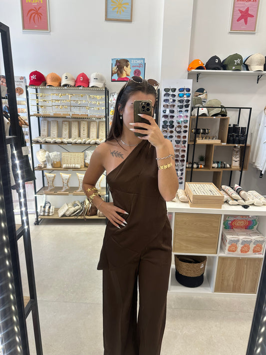 Ensemble satin top et pantalon marron